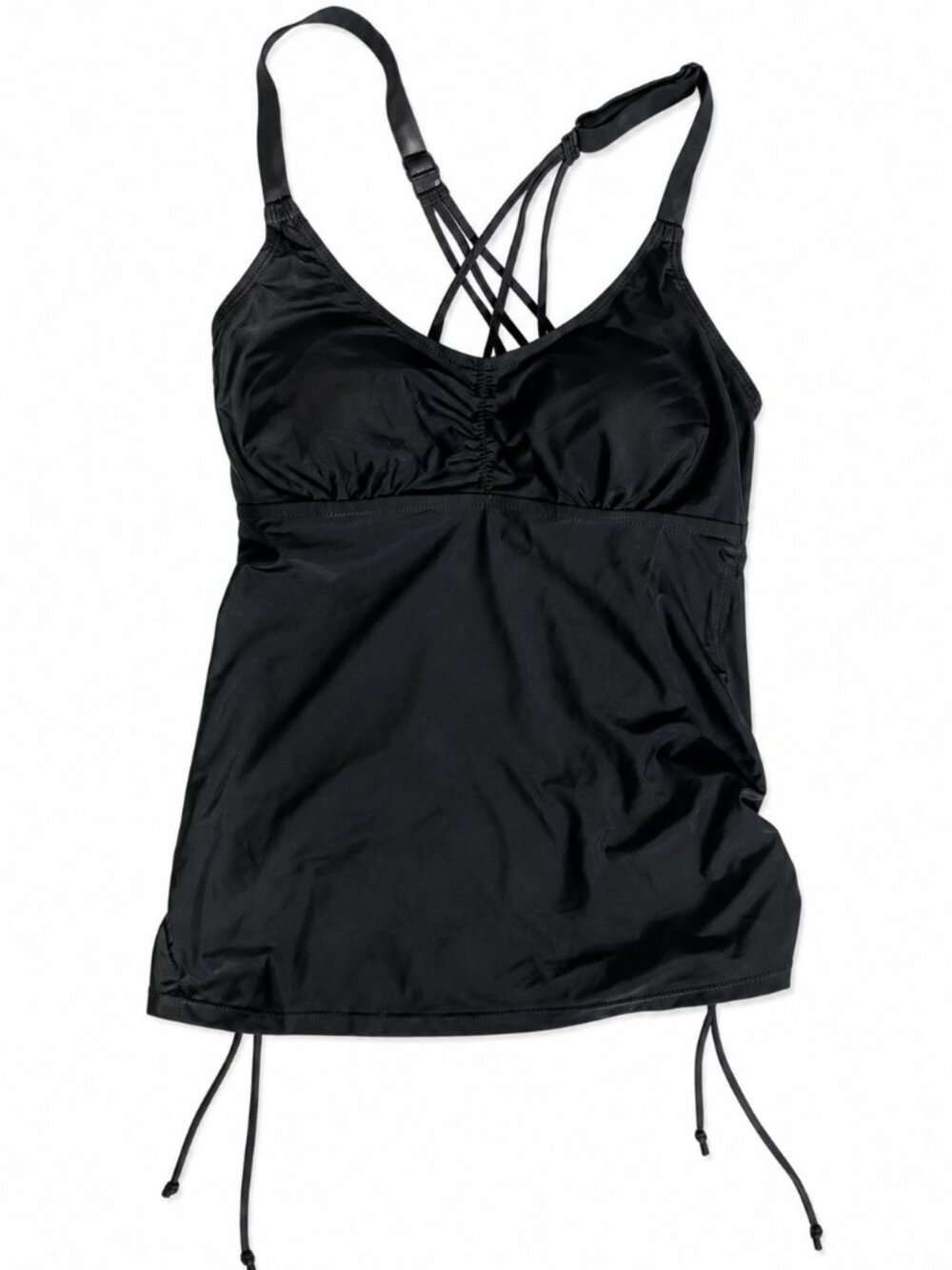 Women’s Black Swim Tank Top - Strappy Back Drawstring Sides, L